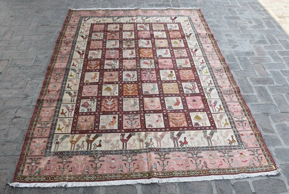 Alfombra Kilim Turca 6'5 x 9'5 Pies, Alta Calidad Vintage Hecha a Mano Picorial 100% Seda Foto 1 de 4
