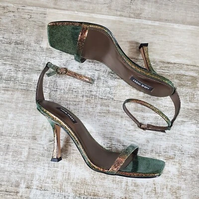 Nine West Yess Womens Sandals Sz 7.5 M Bronze Glitter Ankle Strap Stiletto Heel - Image 1 of 4