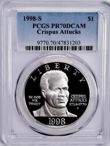 1998 BLACK PATRIOTS Silver Dollar PCGS PR70💥FLAWLESS QUALITY💥🌟RARE ONLY 108🌟 - Picture 1 of 5