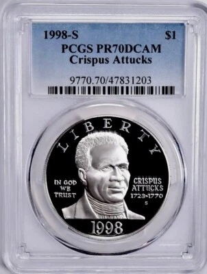 1998 BLACK PATRIOTS Silver Dollar PCGS PR70💥FLAWLESS QUALITY💥🌟RARE ONLY 108🌟 - Image 1 of 4