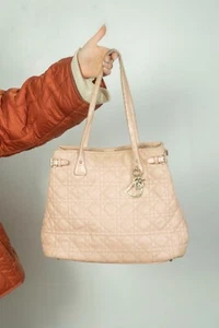 Authentic Christian Dior Leather Quilted Ivory/Pink Tote Handbag Bag - Picture 1 of 17
