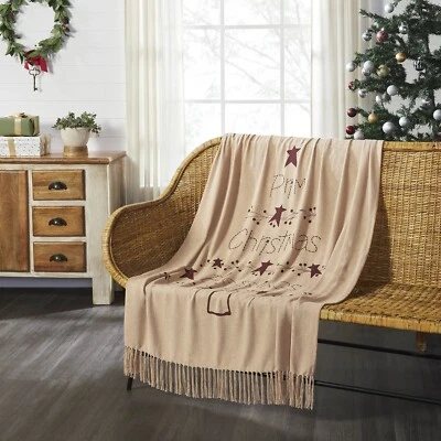 Gable Prim Christmas Blessings Woven Throw 50x60 Cotton Blend Burgundy Tan - Image 1 of 4