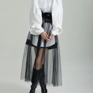 Lady Gothic Mesh Skirt Waist Belt Corset Faux Leather Waistband Tulle Punk Skirt - Picture 1 of 11