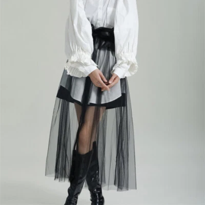 Lady Gothic Mesh Skirt Waist Belt Corset Faux Leather Waistband Tulle Punk Skirt - Image 1 of 4