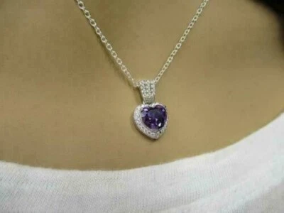 3.00 Ct Heart Cut Simulated Amethyst & Diamond Pendant In 14K White Gold Finish - Image 1 of 4