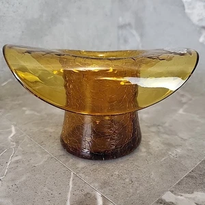 Vintage Blenko Hand Blown Crackle Glass Hat Vase Amber Top Hat Bowl Sticker EUC - Picture 1 of 9
