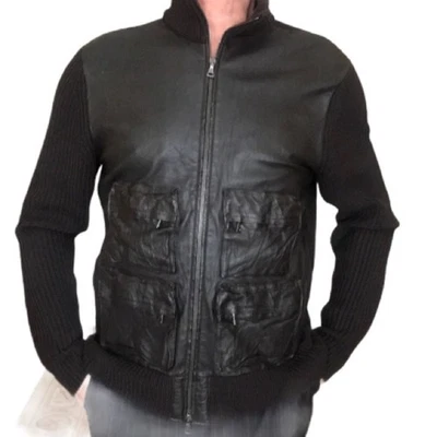 Chaqueta de hombre John Varvatos marrón tejida lana y cuero de cordero talla L Foto 1 de 4