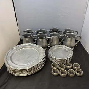 Vintage Crown-Castle 8 Dinner, 8 Dessert Plates 8 Mugs 8 Napkin Rings Pewter Set - Picture 1 of 8
