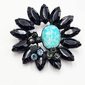 Vintage signierte WEISS echte türkis schwarze Krappe Marquise Strass Brosche Anstecknadel - Bild 1 von 7