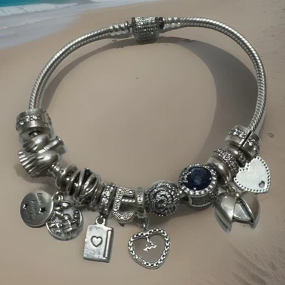 Pandora 925 Sterling Silver 11 Charms Bracelet Spacer Angel Birthday Blue Heart - Image 1 of 4