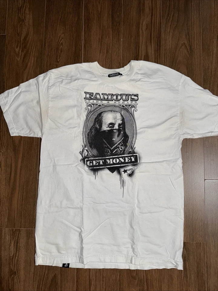 Знаменитые звезды и ремни получить деньги рубашка большой Трэвис Баркер Бен Франклин Y2K - Изображение 1 из 4