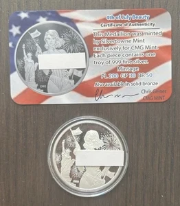 CMG Mint Fourth of July Beauty 1 Troy Oz .999 Silver PL Art Round 200 Mint W COA - Picture 1 of 3