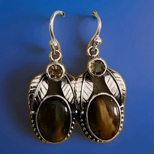 Natural Tiger's Eyes Dangle Earrings Sterling Silver Medium Size 925 All Occasio - Picture 1 of 4