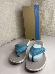 Clarks Cloudsteppers Womens Flip Flop Thong Sandals Aqua Blue Fabric/ LeatheSz 1 - Picture 1 of 7