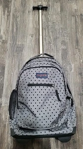 JanSport Drover 8 Rolling Backpack School Wheels Gray Black Polka Dot Travel - Picture 1 of 12