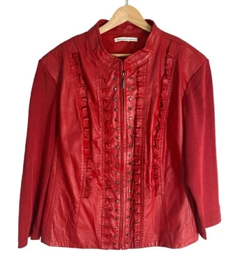 Chaqueta Moto De Colección Peter Nygard Cuero Rojo Volantes Tachonada Cremallera XL - Sin Etiqueta de Talla Foto 1 de 4