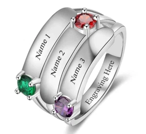 Personalized Mom or Grandma Ring 3 Round Birthstones 3 Names 925 Sterling Silver - Picture 1 of 9