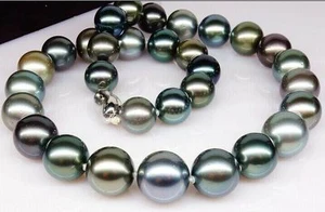 Collana di perle rotonde multicolore 18"12-15mm mare sud vero pavone grigio verde - Foto 1 di 1