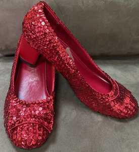 DOROTHY SHOES RED SEQUINS 10.25” HEEL TO TOE SIZE ? COSTUME ACCESSORY - Picture 1 of 6