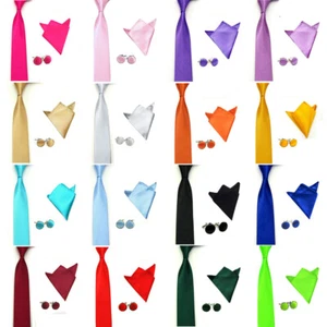 Men Satin Necktie Handkerchief Pocket Square Hanky Cuff Link Wedding Tie Set - Picture 1 of 17