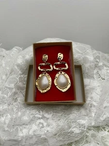 Gold Tone and Faux Pearl Dangle Earrings - Picture 1 of 9