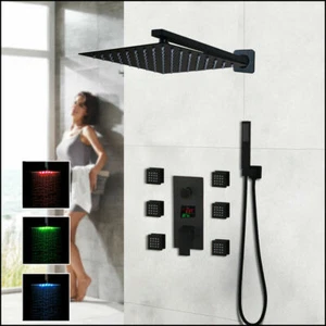 8"LED Matt Black Rainfall Massag 3 ways Digital Shower Faucet Set Hand Spray Tap - Picture 1 of 8