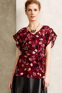 Anthroplogie Rose Garden Kimono Floral Blouse by Meadow Rue - Sz M, L (Wine) - Picture 1 of 10