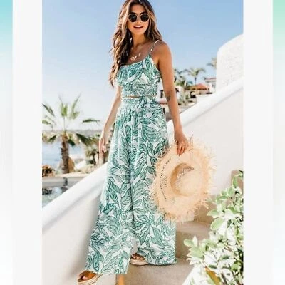 РОЗОВЫЙ LILY зеленый лист печати широкие брюки размер S - Изображение 1 из 4