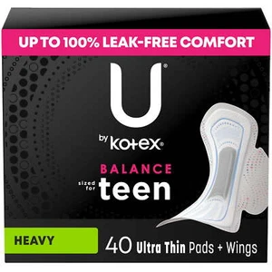 U by Kotex Balance Sized for Teens Ultra Thin Pads with Wings, Heavy Absorbency - Picture 1 of 10