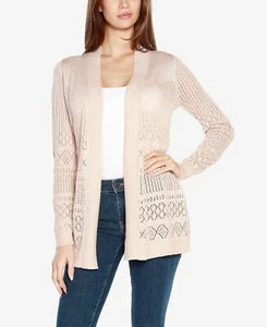 Belldini Women's Pointelle Long Sleeves Open Cardigan Heather Oatmeal SZ S - Picture 1 of 5
