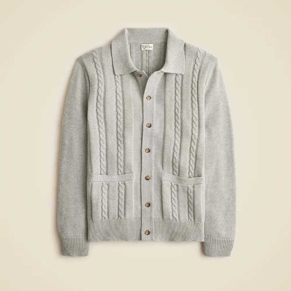 J.Crew Sweater Men's Heritage Cotton Cable Knit Cardigan Polo Heather Gray NWT - Image 1 of 1