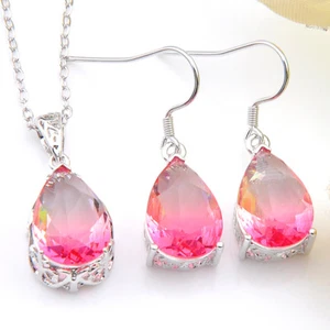 Romantic Jewelry Set Pink Bi Colored Tourmaline Solid Silver Pendant Earrings - Picture 1 of 7