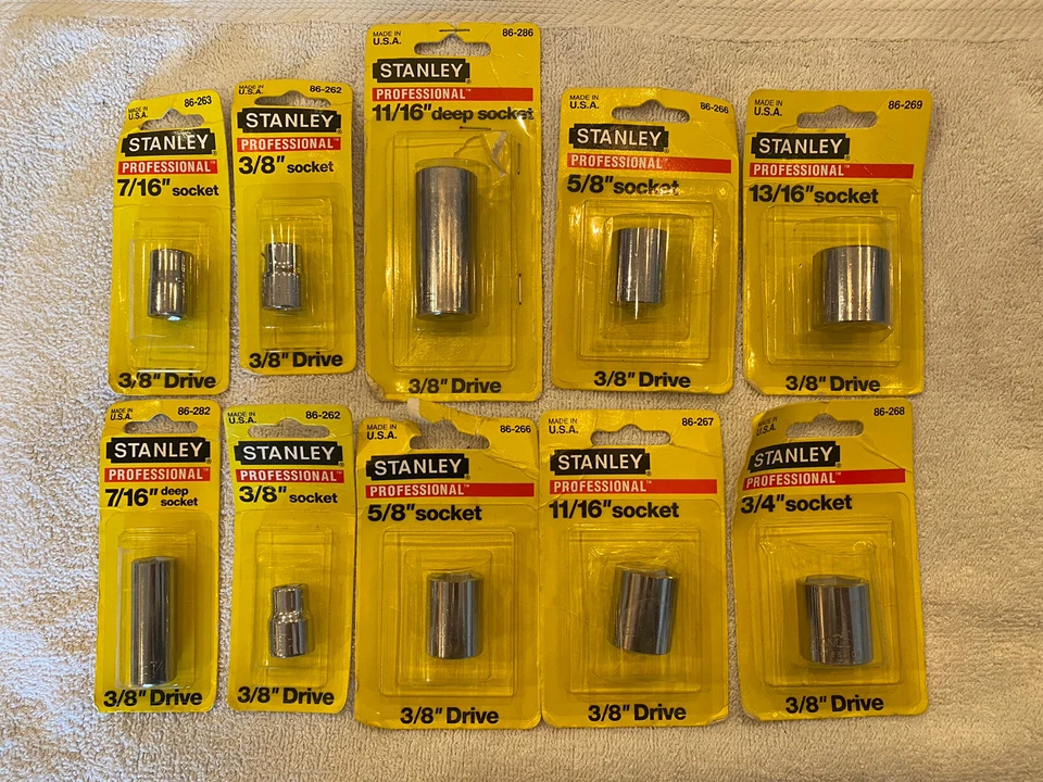 Ten Stanley Professional USA Made 3/8 Drive Sockets 6pt 7/16 3/8 7/16 5/8 11/16 - Image 1 of 2