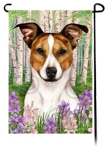 Spring Flowers Garden Flag - Tipped Red and White Rat Terrier - Picture 1 of 1