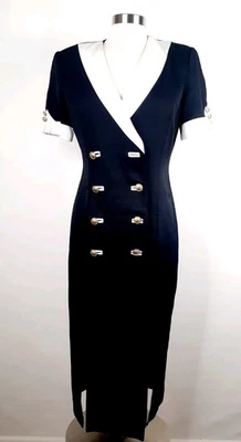 Danny & Nicole Dress Black White Trim Short Sleeve Button Down Size 10 Vintage  - Image 1 of 4