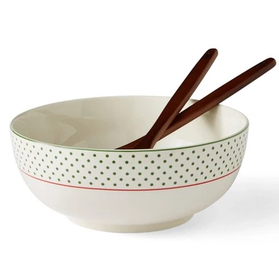 Christmas Tree 10" Serving Bowl & Wooden Servers, Polka Dot - Ceramic Serving... - Imagem 1 de 4