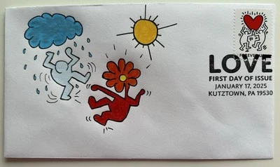 Sello de amor 2025 FDC Keith Haring dibujado a mano caché duchas de primavera flores Foto 1 de 2