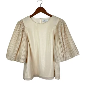 Moodie Georgette Women's M Beige Shimmer Pleated Short Flare Sleeve Boxy Blouse - Picture 1 of 8