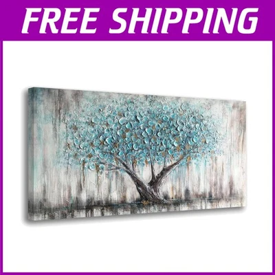 Arte de pared árbol azul verdoso 48"x24" - pintura abstracta en lienzo Foto 1 de 4