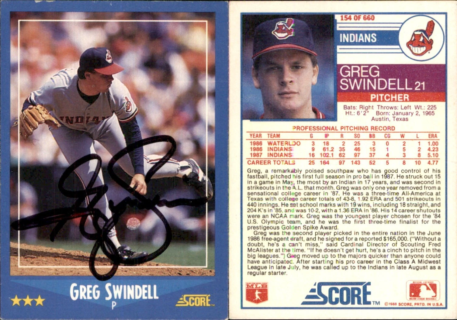 Greg Swindell Signed 1988 Score #154 Card Cleveland Indians Auto AU