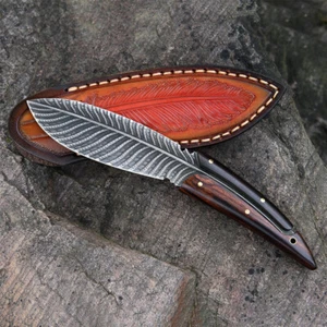 7.8" Fixed Blade knife Damascus Feather Pattern Knife w/Sheath Iron Wood Handle - Picture 1 of 7