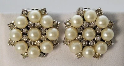 Stunning Vintage 1960's Marvella Silver Pearl Floral Cluster Rhinestone Earrings - Image 1 of 4