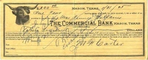 COMMERCIAL BANK MASON TX 1925 LONGHORN STEER VIGNETTE GOLD COIN PROMISSORY NOTE - Picture 1 of 1