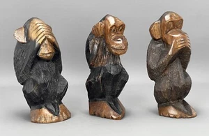 Vintage 3 WISE MONKEYS Hand Carved Wooden Figures - Height 15cm/14.7cm/14.5cm - Picture 1 of 6