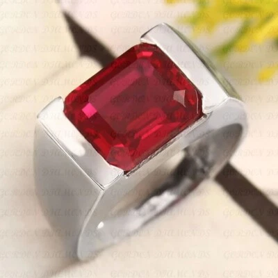 6.00ct Emerald Cut Natural Red Ruby Solitaire Men's Ring 18K White Gold Plated - Image 1 of 4