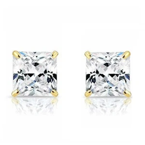 8.00CT Princess Simulated Diamond Stud Earrings 14K Yellow Gold Square Solitaire - Picture 1 of 4