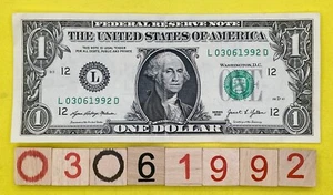 March 6 1992 Birthday Note L 03061992 D Fancy Serial Number One Dollar Bill FW - Picture 1 of 5