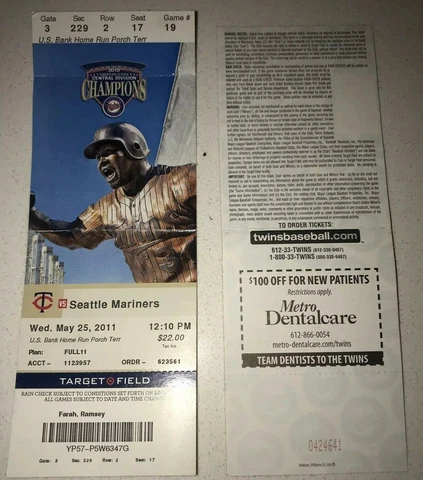 5/25/11 Seattle Mariners Minnesota Twins Ticket Stub Jim Thome Hit ICHIRO 'K' Cover