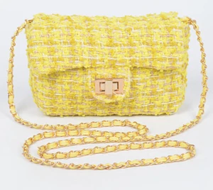 Schöne gelbe Tweed Köper Geldbörse Goldkette langer Riemen Klappe Verschluss kleine Clutch Tasche - Bild 1 von 4