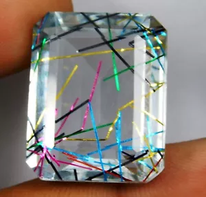 Natural Certified 47.30 Ct Emerald Cut Blue Rutilated Quartz Loose Gemstone - Picture 1 of 5